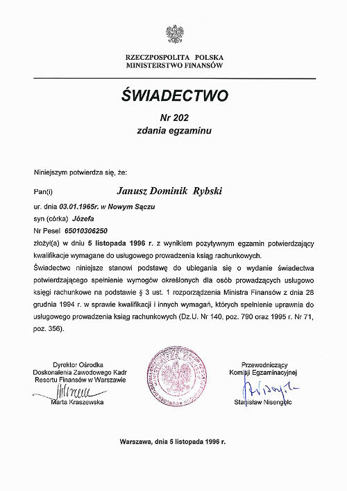Certyfikat prowadzenie ksiąg rachunkowych Janusz Rybski